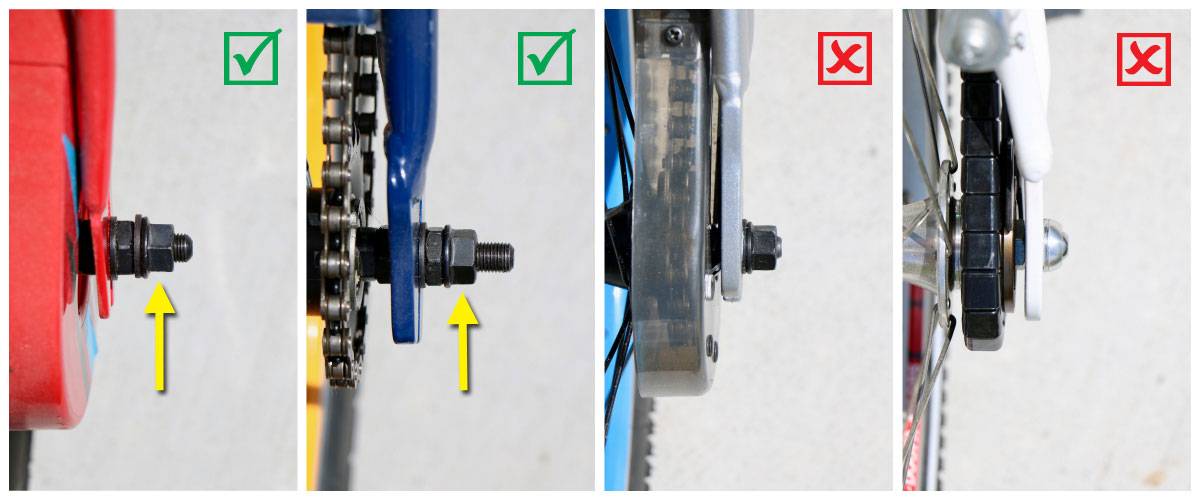 4 different rear axles on kids' bikes showing good and bad examples of axles that are long enough to be compatible for training wheels.