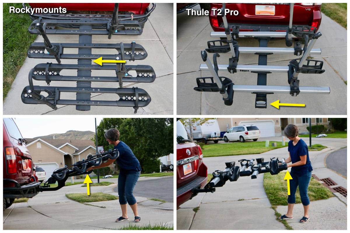 Folding lever is in the middle of the 4-capacity RockyMounts SplitRail LS bike car rack, while it's at the end of the Thule T2 Pro.