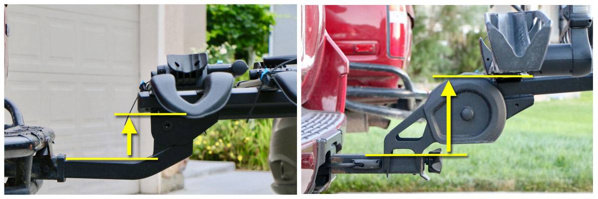 Folding axle of the RockyMounts SplitRail LS bike car rack and the Thule T2 Pro XT