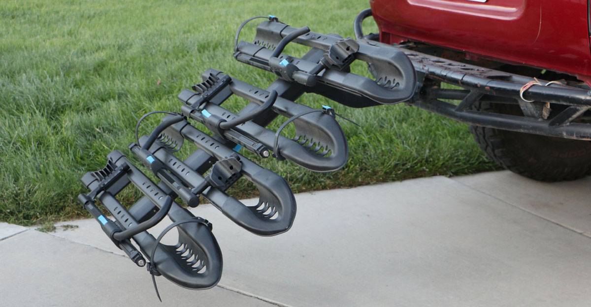 RockyMounts SplitRail LS bike car rack tilted down for rear hatch access