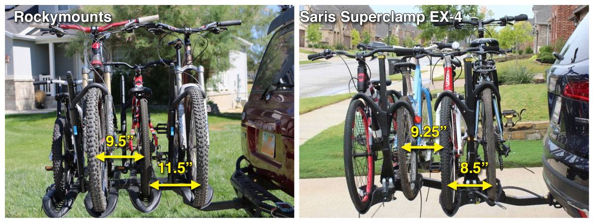 RockyMounts SplitRail LS bike car rack has wider spacing between bikes than the Saris SuperClamp EX bike rack
