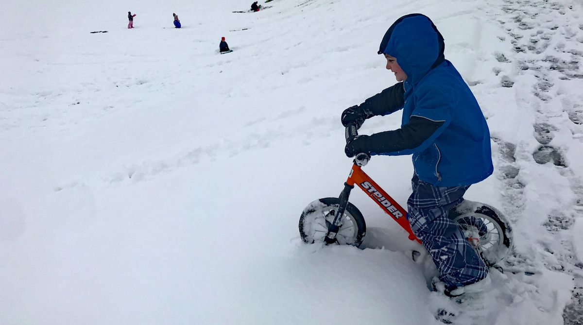 preschooler riding the Strider balance bike with ski set down a snowy hill