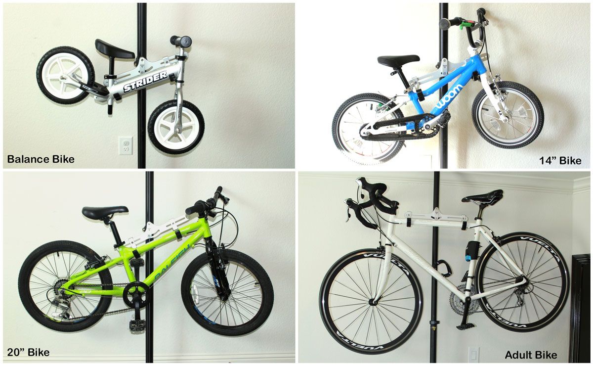 Four different size bikes on Topeak Dual Touch bike stand - balance bike, two kids' bikes, and and adult bike all fit great.