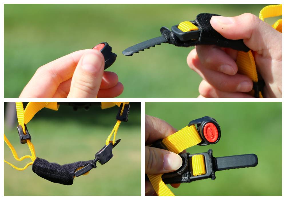 racheting buckle of the Uvex Quatro kid's helmet