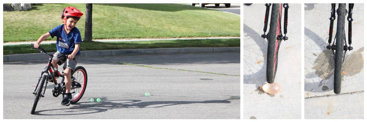 8-year-old riding his bike and popping water balloons with the tires