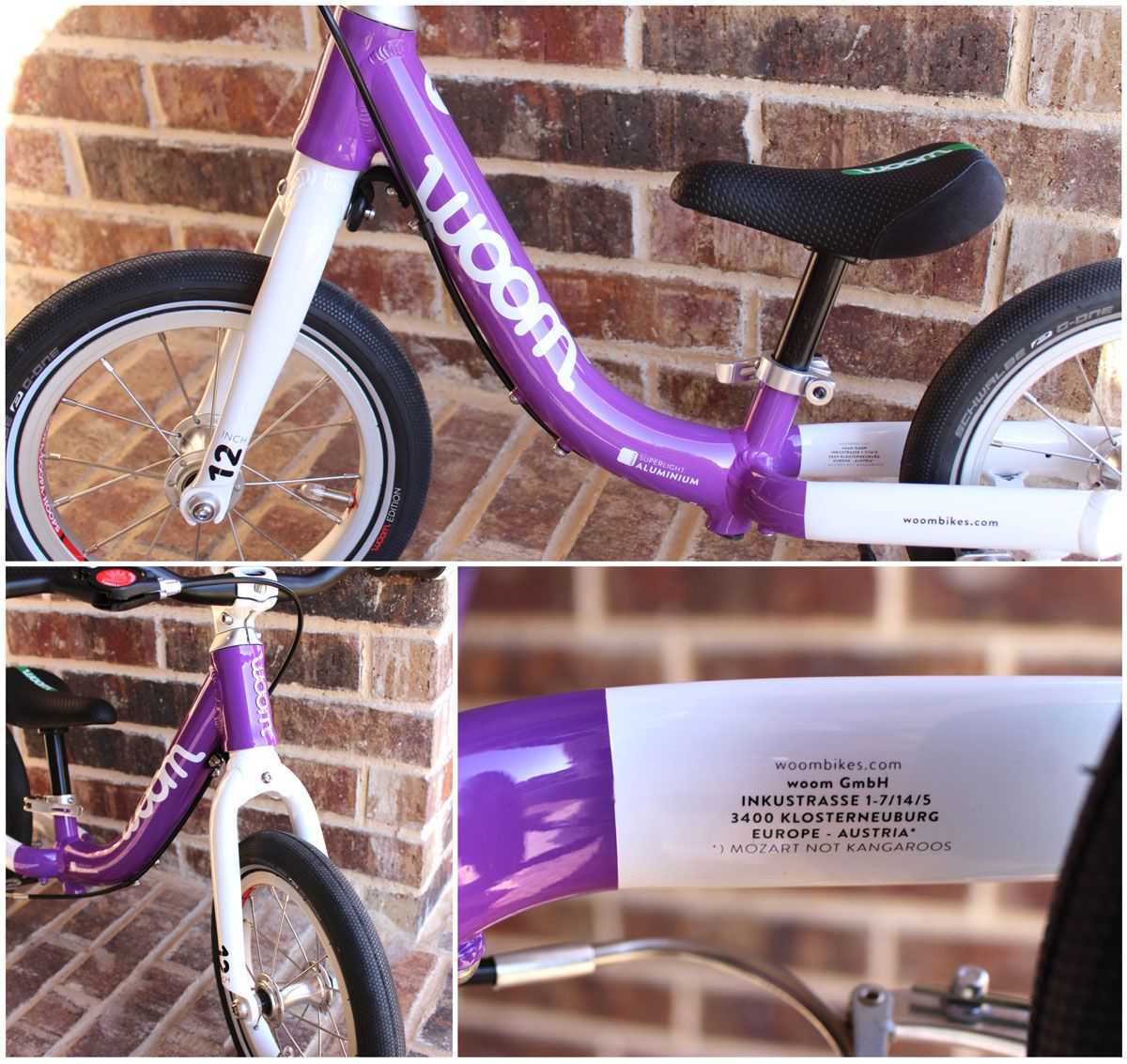 gorgeously painted frame and fork of woom 1 balance bike in purple
