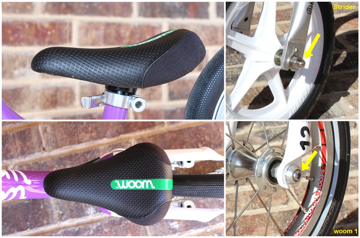 woom 1 saddle, slightly U-shaped. Wheel bolts on Strider stick out vs. flat bolt on woom 1 balance bike