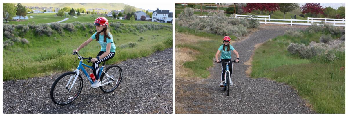 tween girl riding the woom 6 down a gravel trail