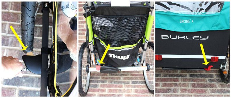 Different examples of footbrakes on bike trailers