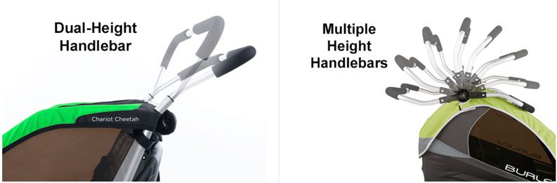 Side by side comparison of trailer with just two handlebar height setting and one with a continuously adjustable handlebar