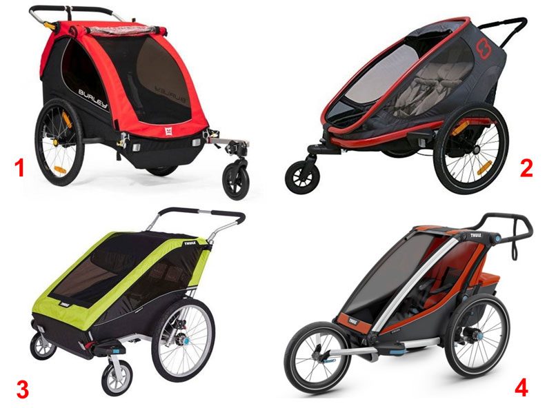 Examples of four different types of stroller wheel attachments on bike trailers