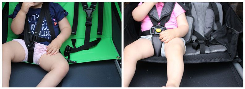 Side by side comparison of hammock seat and bench seat in child bike trailer