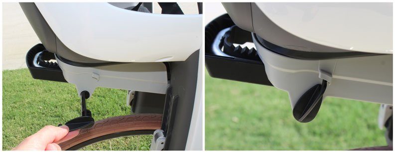 Adjustment system on the Hamax Caress to center the seat over the saddle