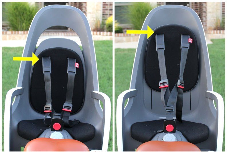 Hamax Caress child bike seat with shoulder straps set at lowest and highest positions