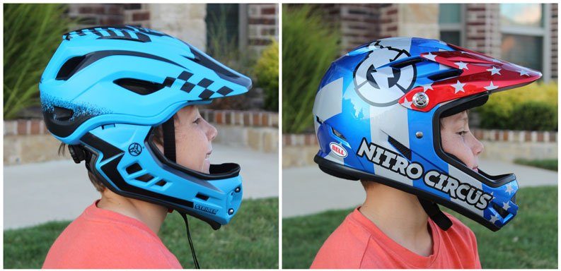 Side by side comparison of a 9 year old wearing the Strider Full Face helmet and Bell Sanction full face helmet. Shown from the side.