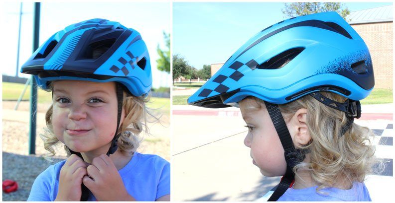 Side by side comparison of a 2.5 year old wearing the Strider Full Face helmet without the chin guard - shown from side and front