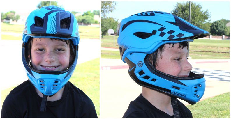 Side by side comparison of a 9 year old wearing the Strider Full Face helmet - shown from side and front