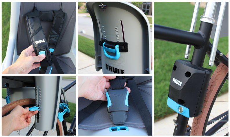 Blue color coding system on all the components of the Thule bike seat RideAlong model