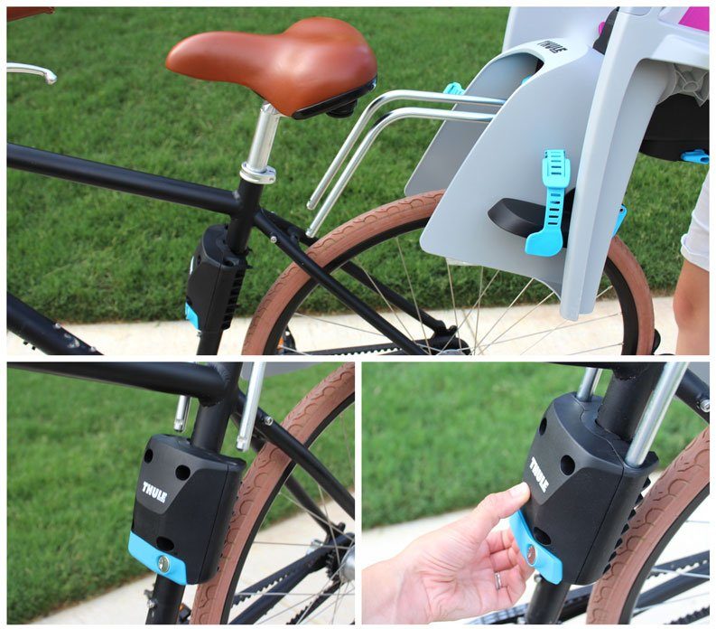 Mounting bars go into the mounting block to secure the Thule bike seat RideAlong edition to the adult bike.