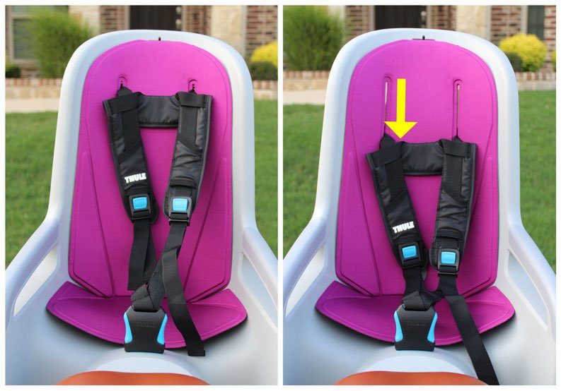 Highest and lowest shoulder strap setting of Thule RideAlong child bike seat