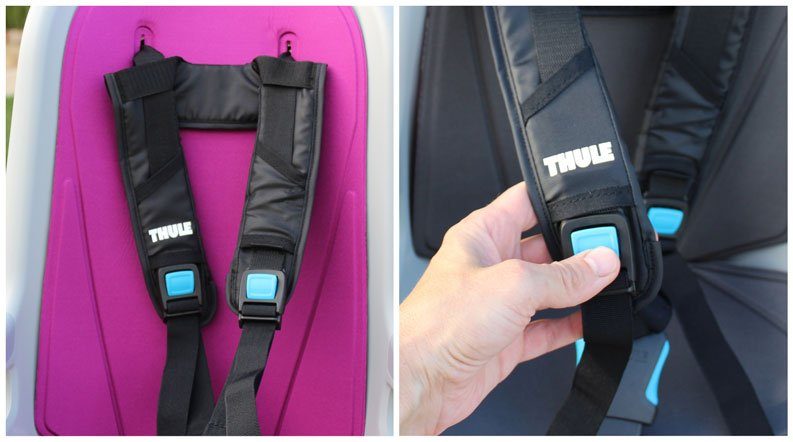 Backpack style strap harness for Thule RideAlong child bike seat