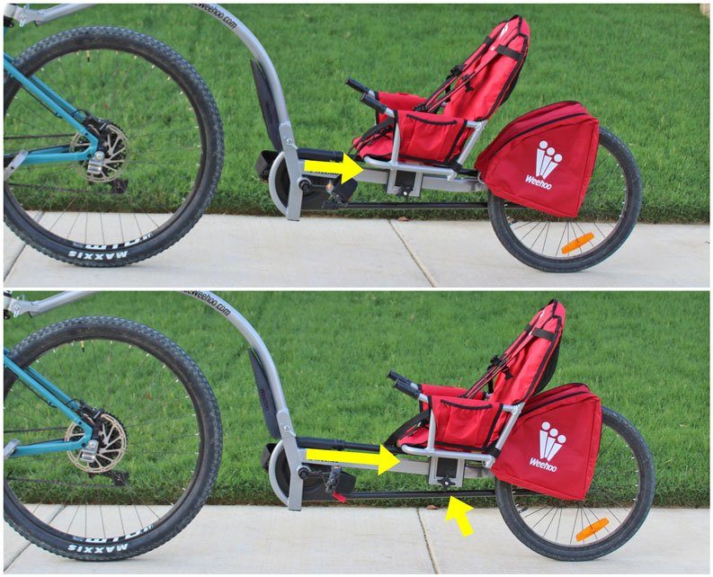 Side by side comparison of seat position for 2.5 year old vs 9 year old on Weehoo Turbo