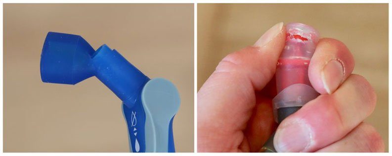 Collage showing a broken camelbak bite valve and a opsrey bite valve