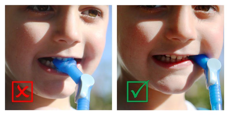 image of a boy showing the correct and incorrect way to use a bite valve on a hydration pack