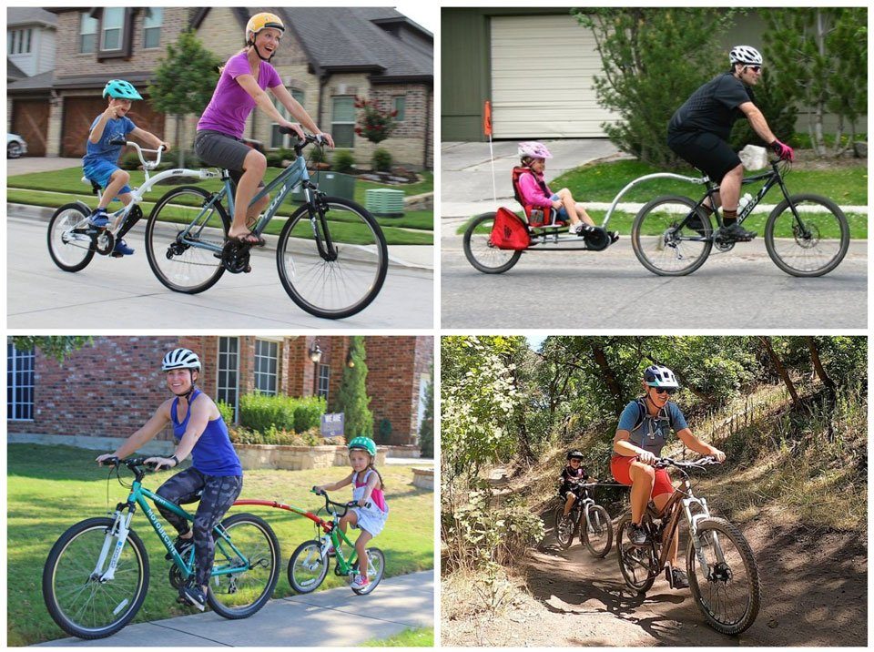 Collage showing four different bike attachments for kids - tag along bike, recumbent trailer cycle, tow bar, and tow rope