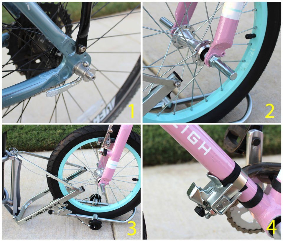 Four steps involved in initial assembly of the FollowMe tandem bike coupling device