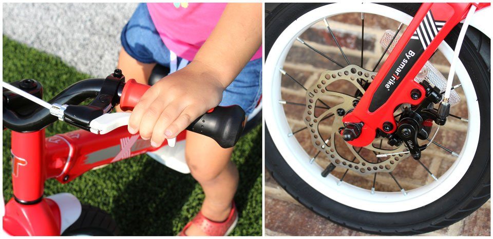 Short reach brake lever and mechanical disc brake on SmarTrike XTend convertible balance bike