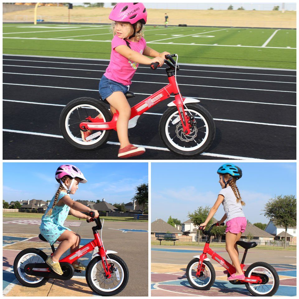 Kids riding SmarTrike XTend convertible balance bike in three different modes - balance bike, small pedal bike, and larger pedal bike