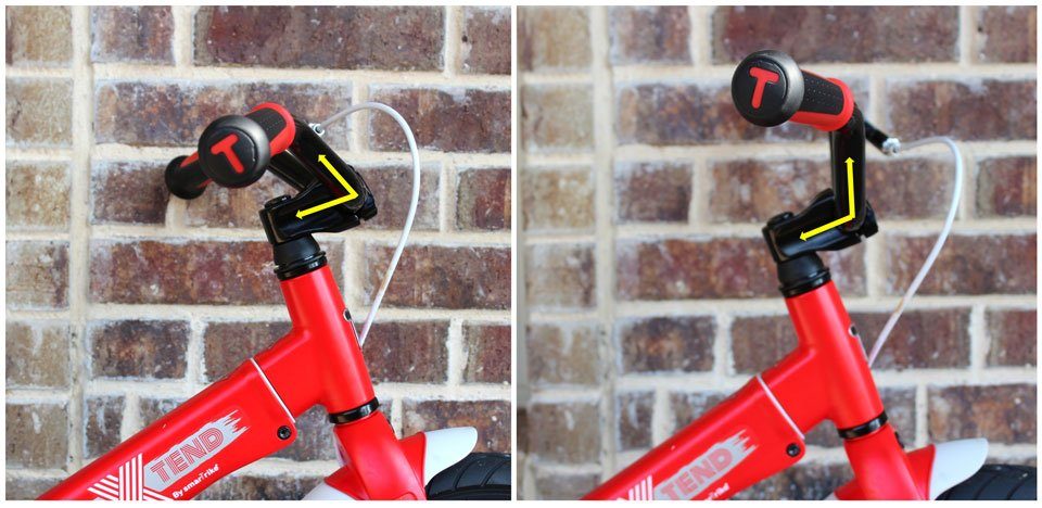 Comparison of SmarTrike's handlebars rotated towards and away from the rider.