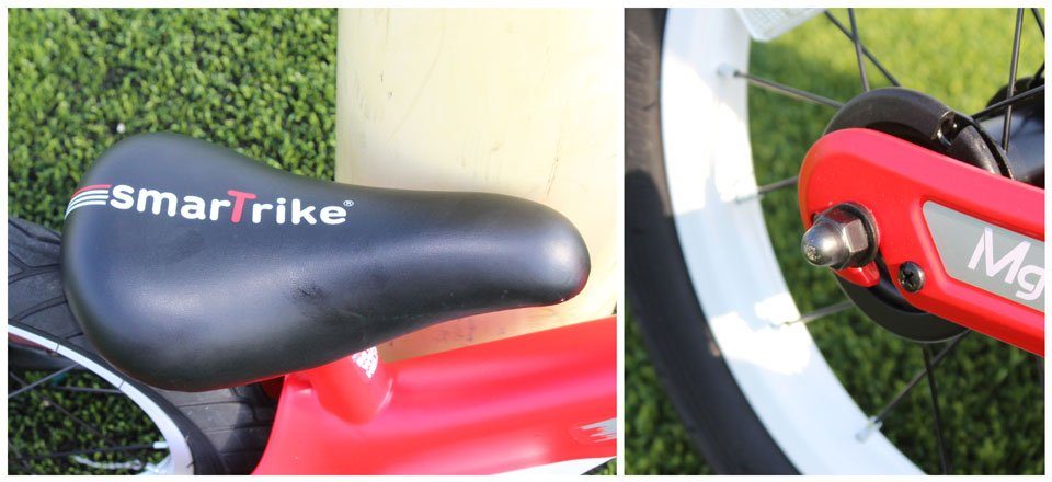 Saddle and exposed bolt on SmarTrike XTend convertible balance bike