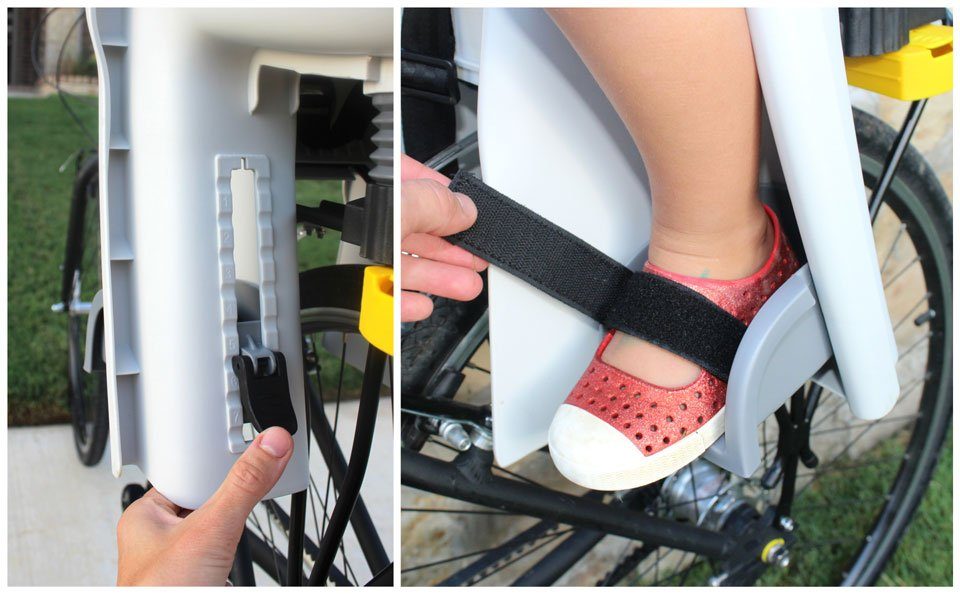 Footrests and velcro foot strap on Topeak BabySeat II child bike seat