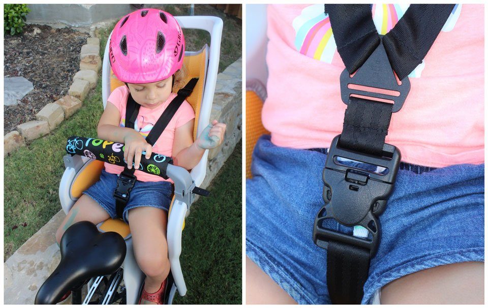 Harness and lockable lap bar on Topeak BabySeat II child bike seat