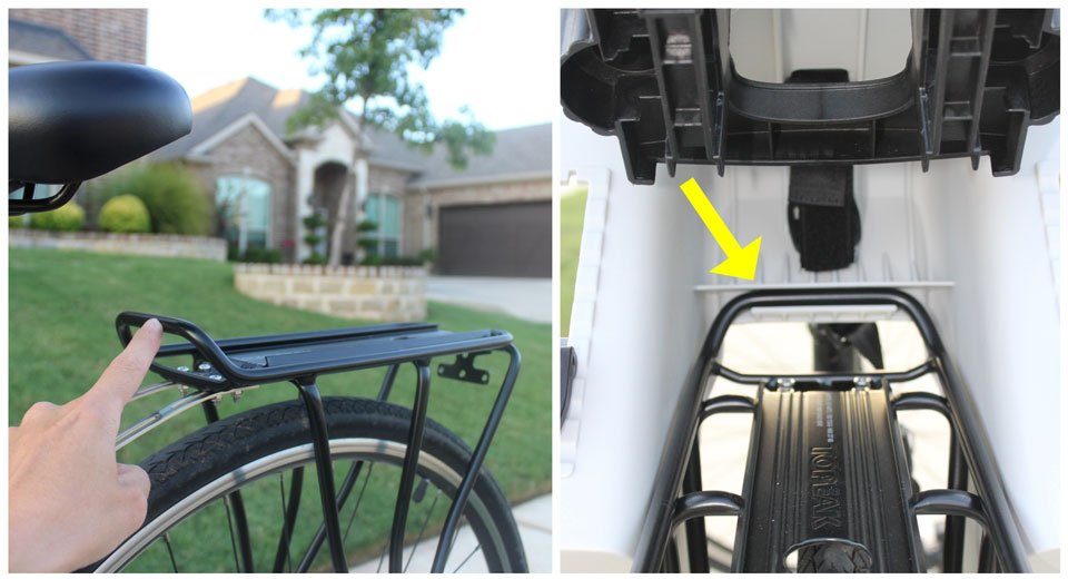 Lip on bottom of Topeak BabySeat II connects to the lip on the front of the bike rack