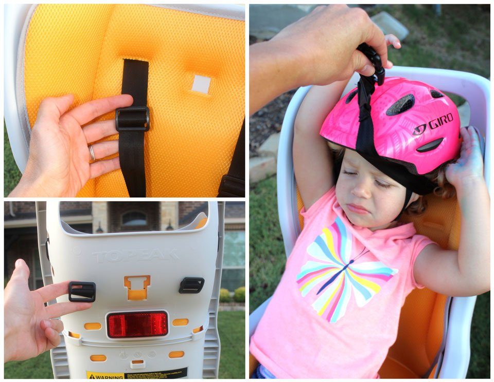 Adjustable harness straps on Topeak BabySeat II. Also, toddler lifting harness over her head and getting it stuck on her helmet.