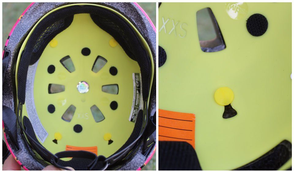 Interior of the Nutcase Baby Nutty showing the yellow MIPS plastic layer and anchors
