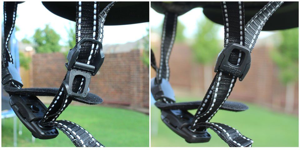 Side strap slider on Nutcase Little Nutty. Opened (unlocked), and opened (locked).