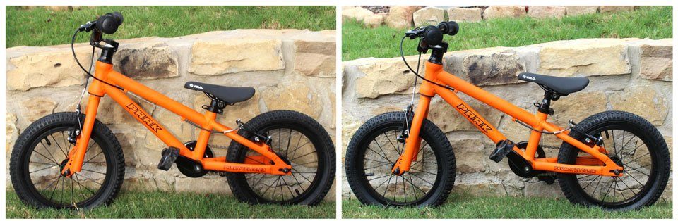 Side by side comparison of full side shot of Park Cycles 14 with stem flipped and stem in standard position. The flipped stem puts the handlebars higher.