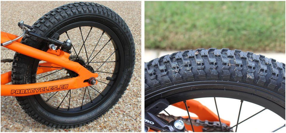 Rear wheel and up close shot on tire tread of Park Cycles 14 inch bike