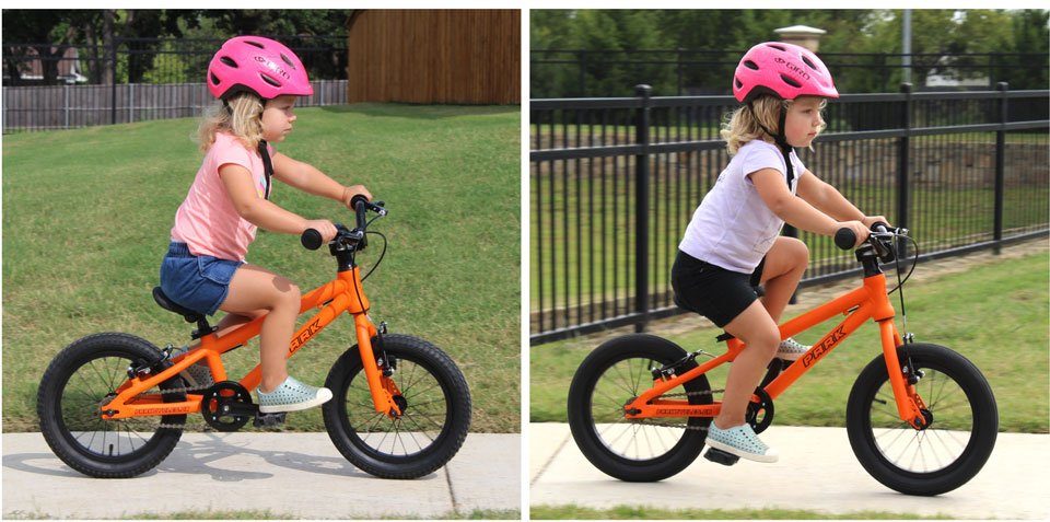Side by side comparison of toddler on the Park Cycles 14 with the stem in standard position and the stem flipped. In standard position she is leaned farther forward.