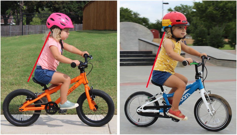 Side by side comparison of child's body position on the Park Cycles 14 vs woom 2. She is slightly more upright on the woom 2