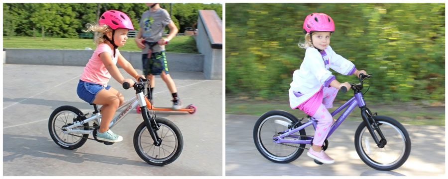 side by side image comparing sizing of same child on Prevelo Alpha One 14 inch bike and the larger 16 inch bike