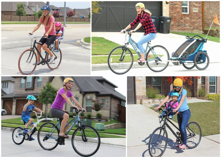 Collage of four different bikes of bike carriers for kids and baby bike carriers. Rear child bike seat, front baby bike seat, bike trailer, and tag along bike