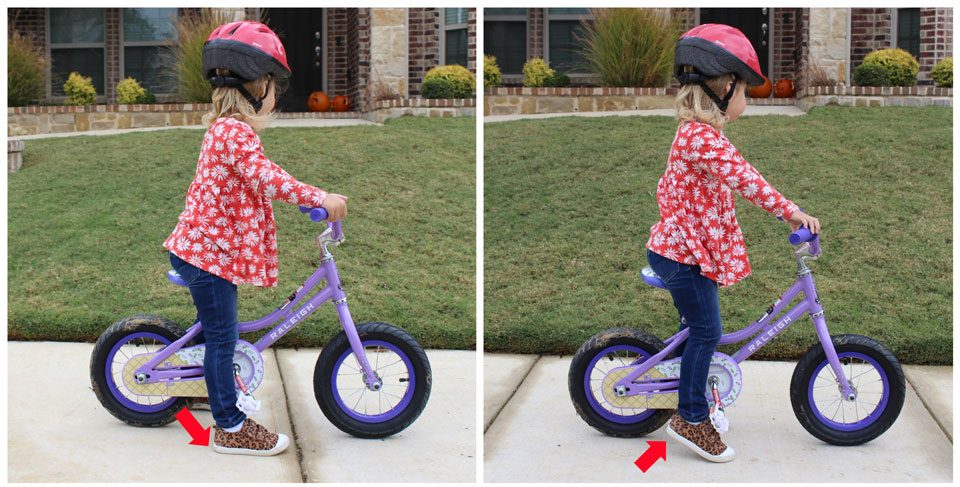 3 year old on Raleigh Jazzi 12 inch bike. One image sitting on seat with feet flat on the ground, the other she's on her tip toes.