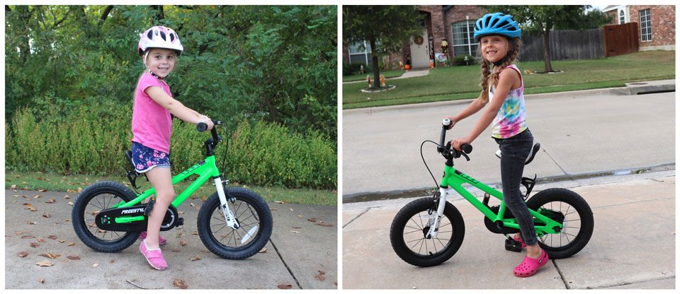 Side by side images of 4 and 5 year old on Royal Baby bike at minimum seat height vs maximum