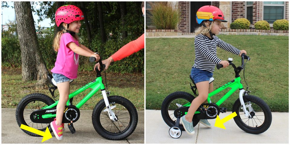 Side by side comparison of two 3-year-olds on the Royal Baby 14 inch Freestyle bike. They both can't touch the ground with their toes.