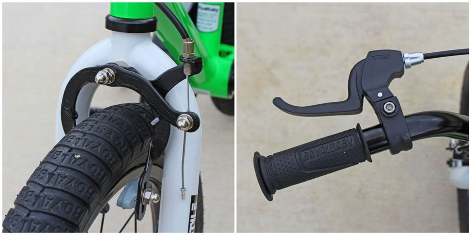 Royal baby braking system - shows hand lever on grip, and single pivot brake on wheel